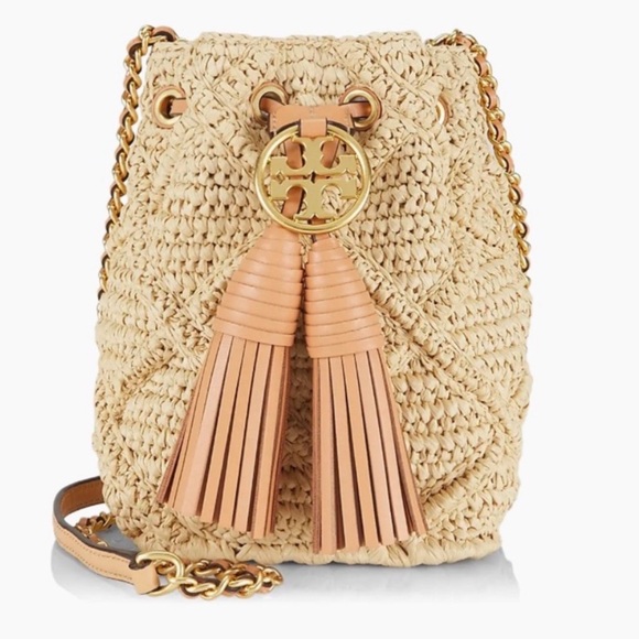 Tory Burch Handbags - Tory Burch Beige Woven Crossbody Bag with Tassels